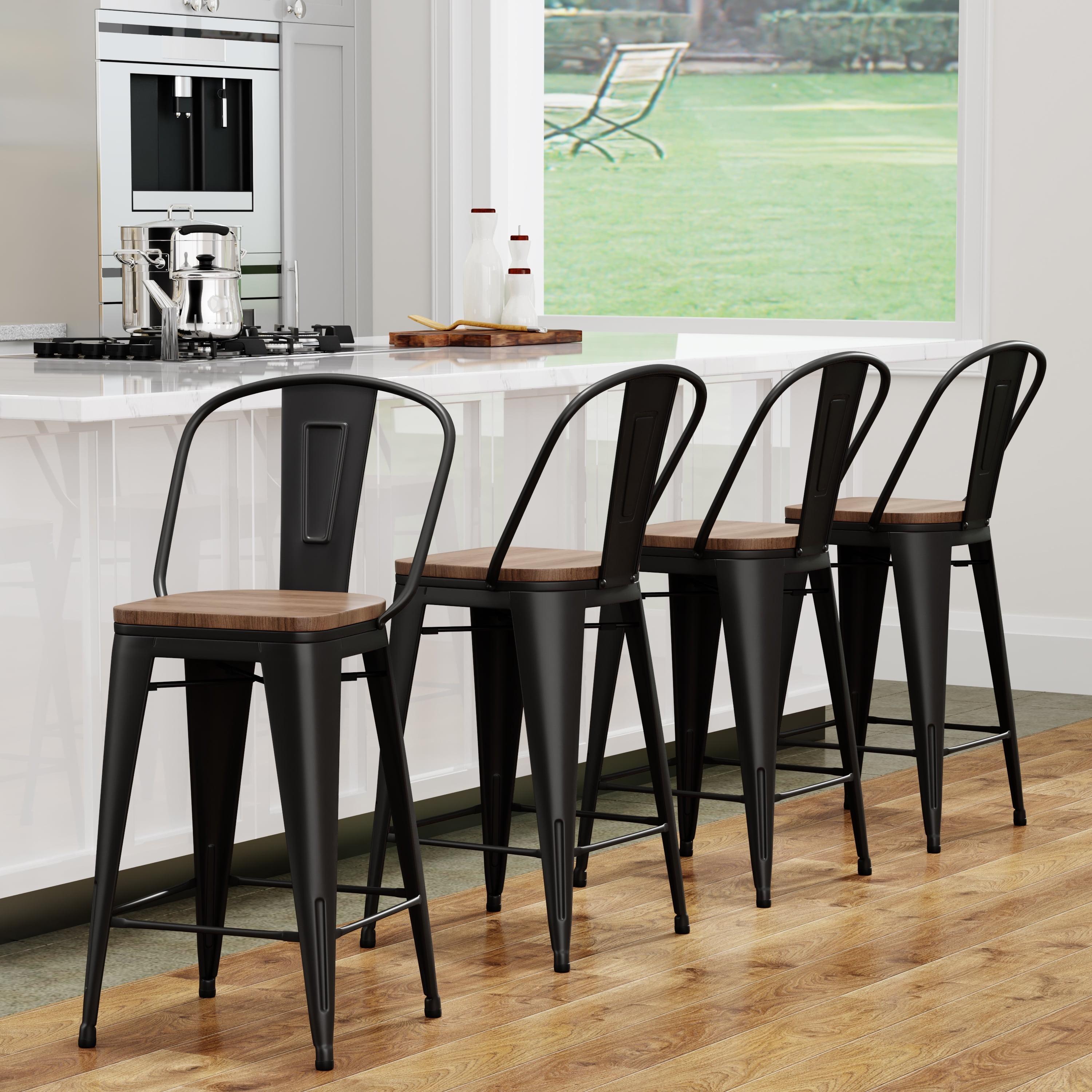 Set of 4 Black Metal and Wood Counter Stools