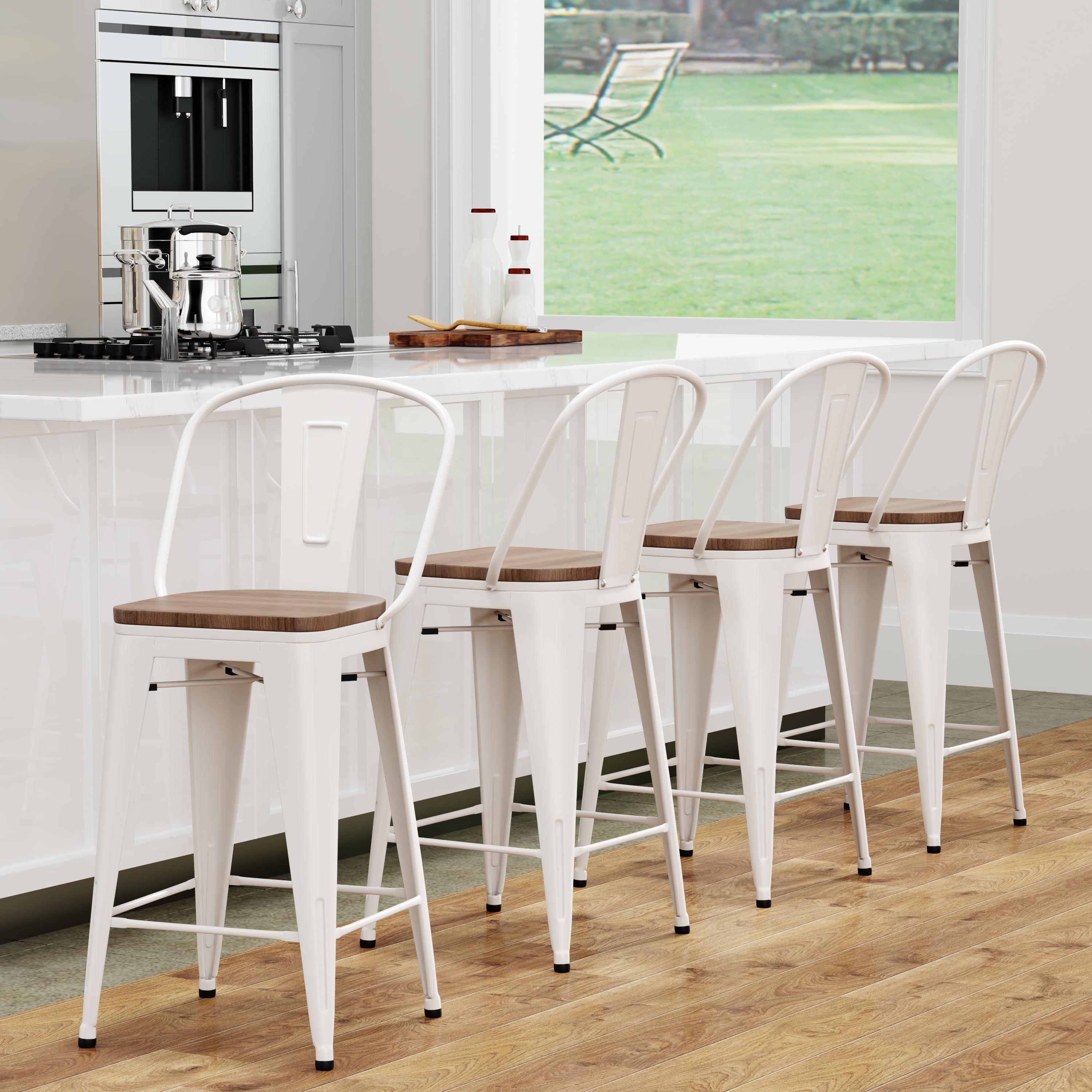 24" White Metal and Wood Swivel Backless Bar Stools, Set of 4