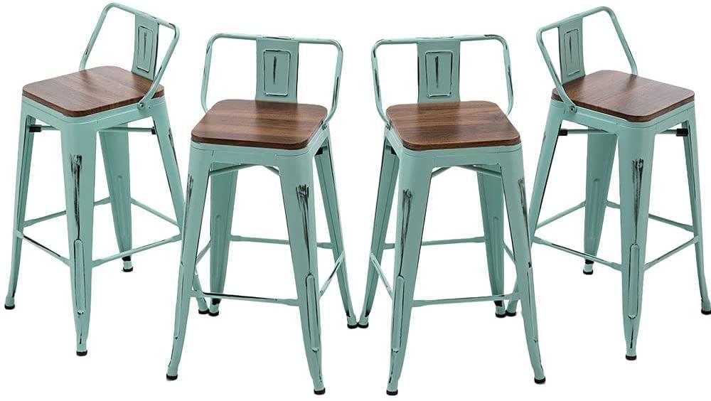 Distressed Green Blue Metal and Wood Counter Stools Set of 4