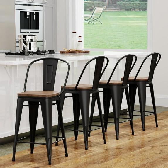 Bar Stools Set of 4 Metal Bar Stool Counter Height Bar Stools 26" Black Modern Bar Chairs with Back and Wooden Seat Bar Stools Counter Height