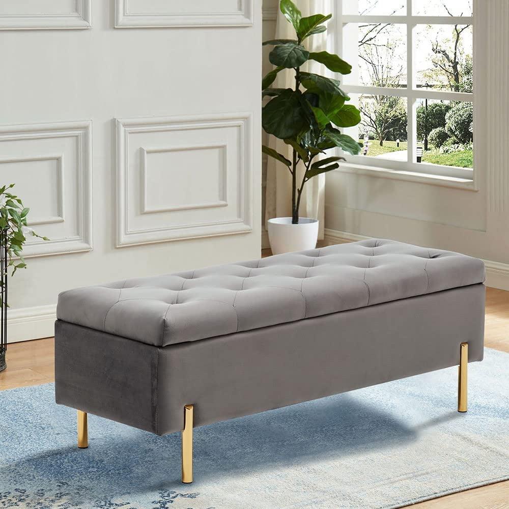 Grey Velvet Upholstered Storage Ottoman with Gold Metal Legs