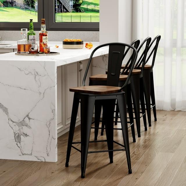 Bar Stools Set of 4 Metal Bar Stool Counter Height Bar Stools 26" Black Modern Bar Chairs with Back and Wooden Seat Bar Stools Counter Height