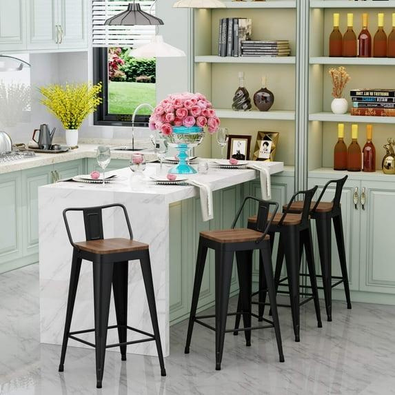 Bar Stools Set of 4 Bar Height Metal Barstools with Wood Seat Low Back Kitchen Bar Chairs