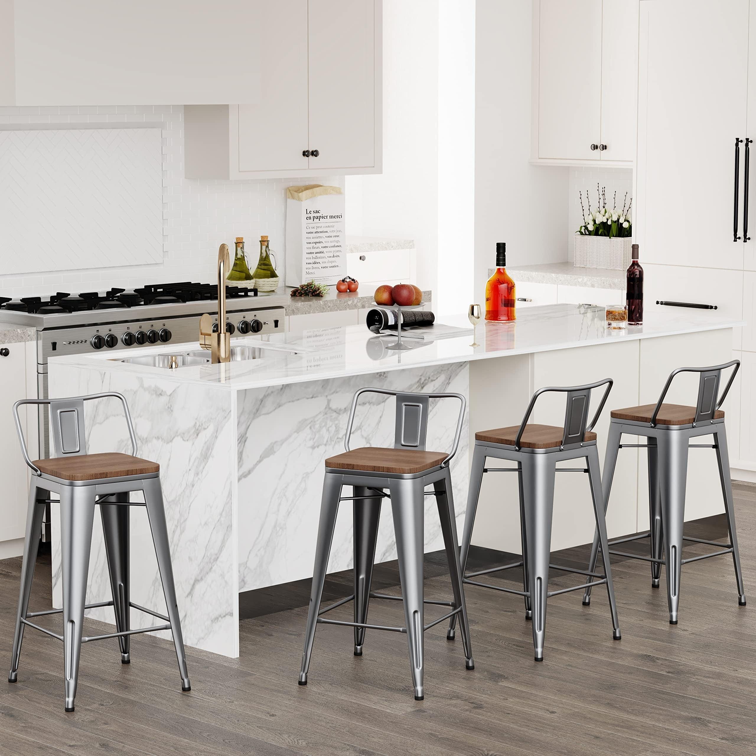 Silver 24" Industrial Swivel Backless Wood and Metal Bar Stools