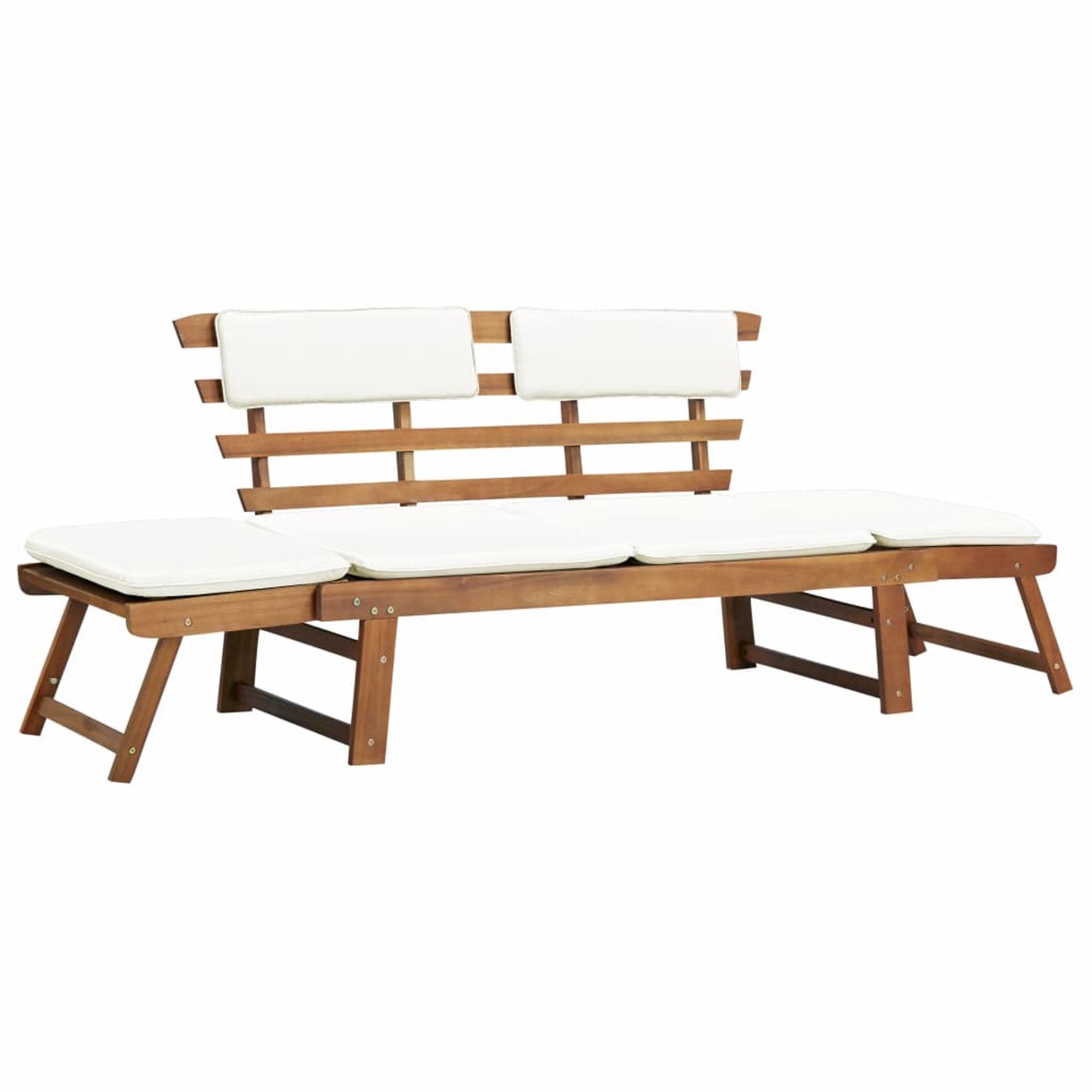 Acacia Wood Convertible Patio Bench-Daybed with Brown and White Cushions