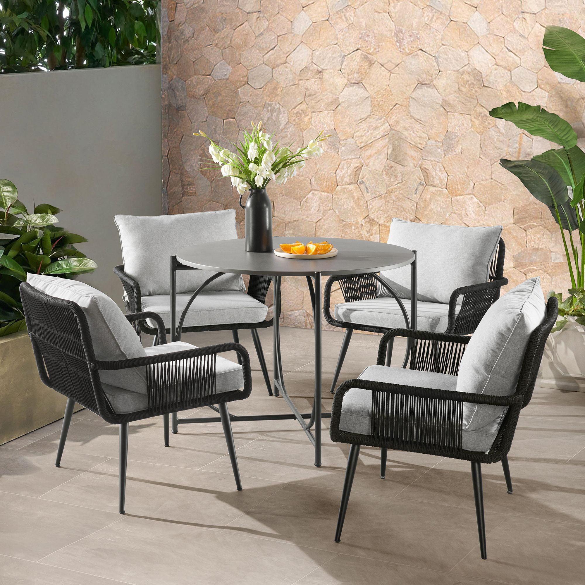 Andover Black Aluminum and Rope Outdoor Bistro Set with Cushions