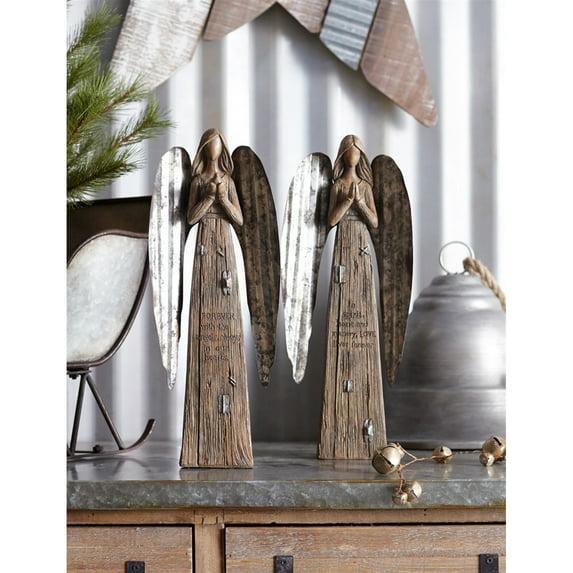Rustic Wood Sentiment Angel with Galvanized Metal Wings (Set of 2)