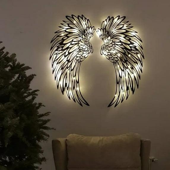 Angel Wings Metal Wall Art, Hilingoto Metal Wall Art, 1 Pair Angel Metal Wall Art with Led Lights Wall Art Decoration Ornament Angel Metal Wall Decor Mother's Day Hanging Decoration Crafts
