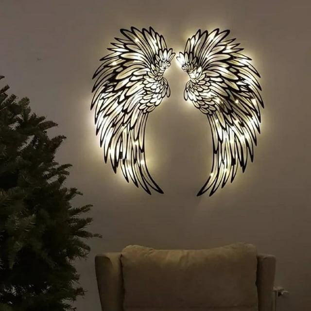 Angel Wings Metal Wall Art, Hilingoto Metal Wall Art, 1 Pair Angel Metal Wall Art with Led Lights Wall Art Decoration Ornament Angel Metal Wall Decor Mother's Day Hanging Decoration Crafts