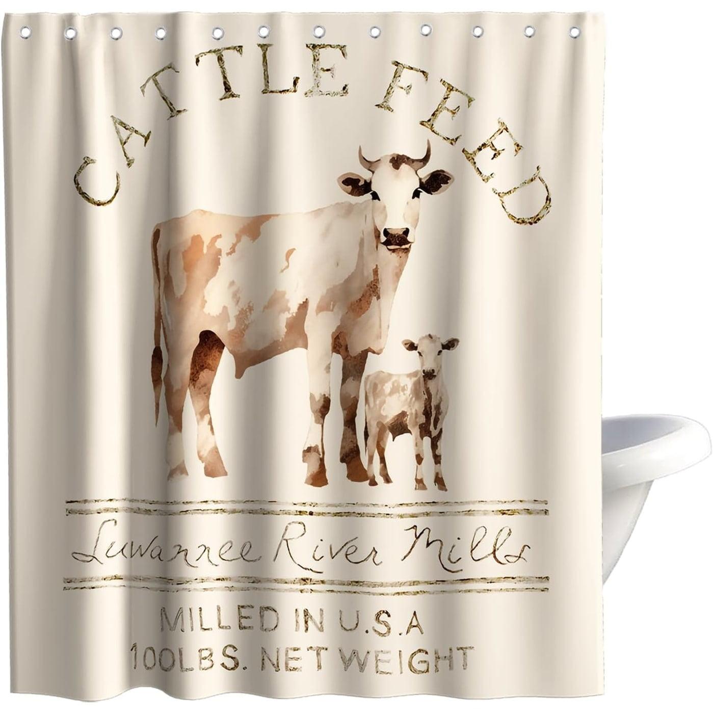 Animal Cattle Feed Cow Rustic Shower Curtain 72"x72" Ivory White Teal
