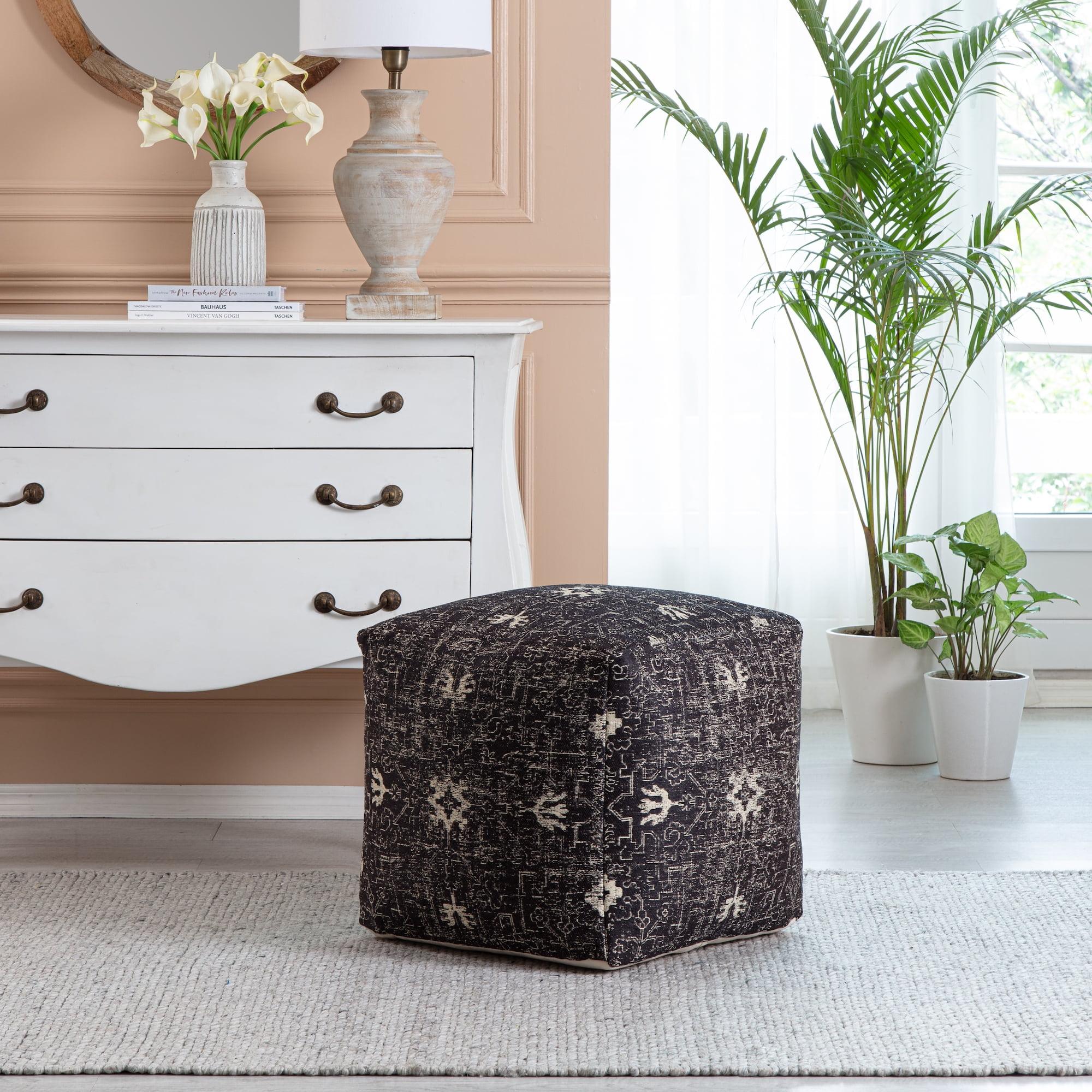 Tamarindo Pouf Black/White - Anji Mountain: Square Medallion Footstool, Fair Trade Certified