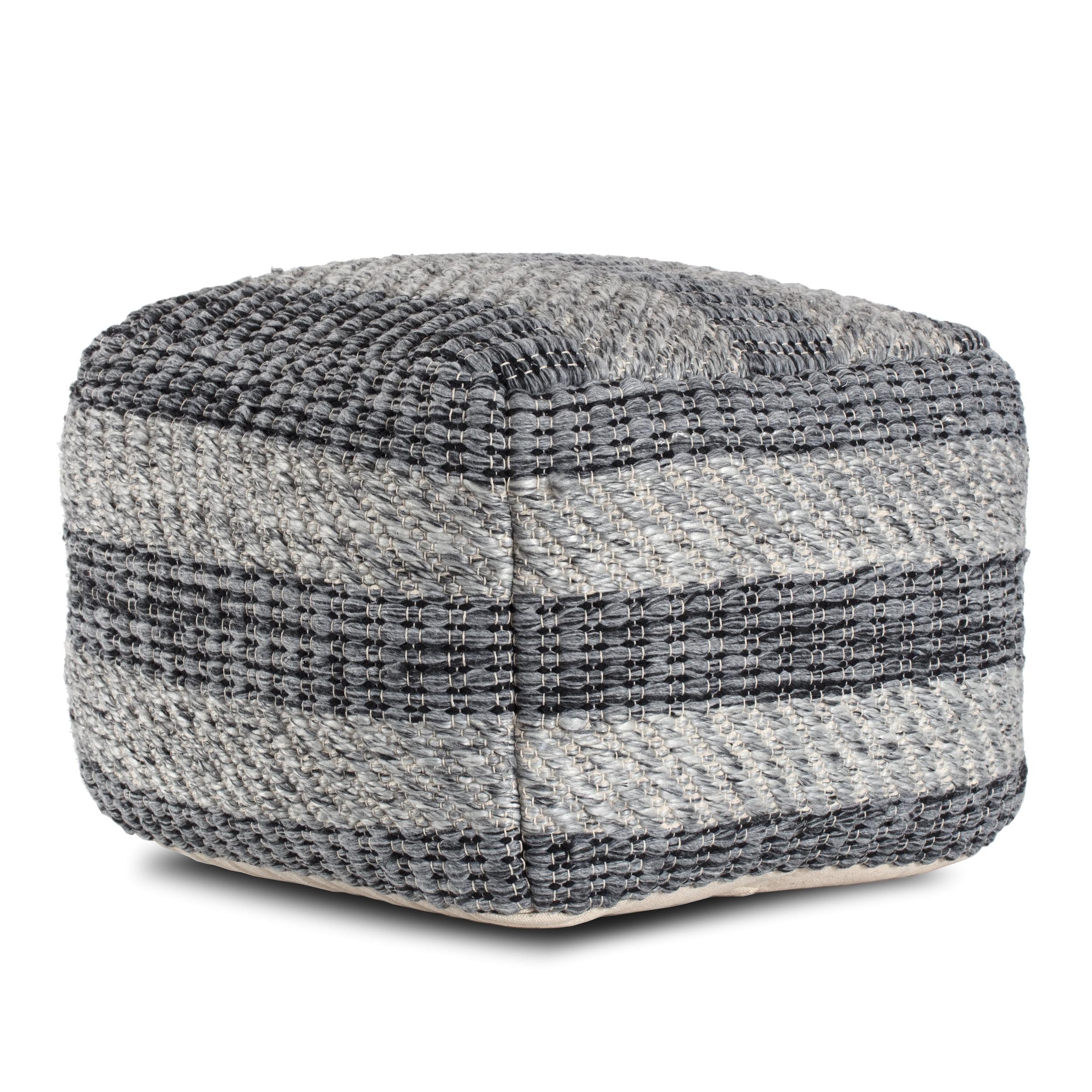 Handwoven Striped Gray Pouf Ottoman with Eco-Friendly Bead Fill