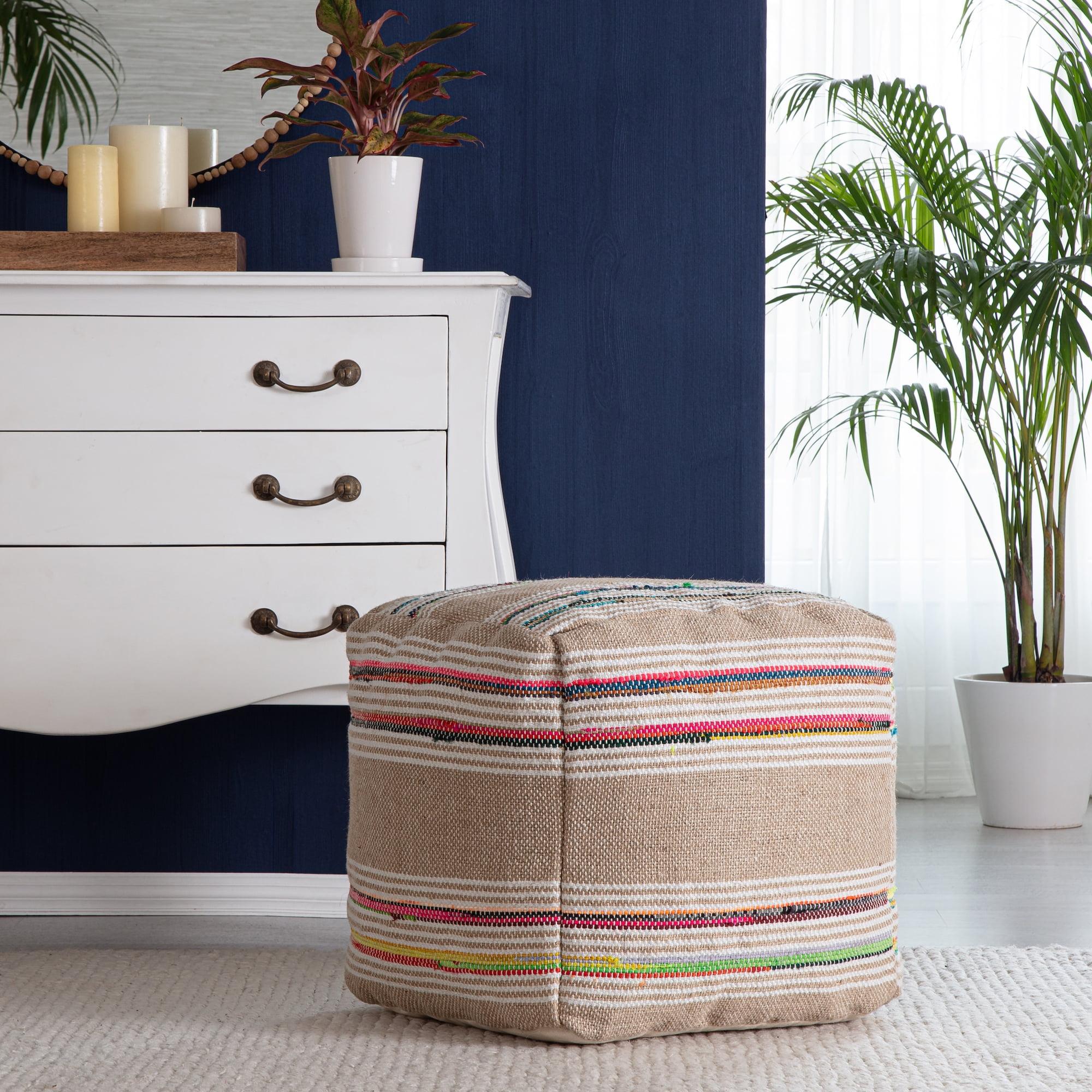 Soulard Handmade Beige & Multicolor Square Pouf Ottoman