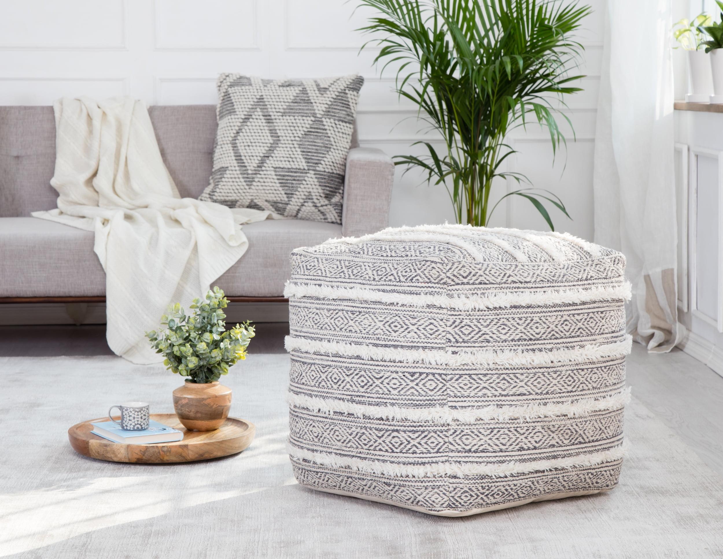 Portales Moroccan Inspired Pouf Gray/Ivory - Anji Mountain: Cotton & Wool Blend, Footrest, Fair Trade Certified