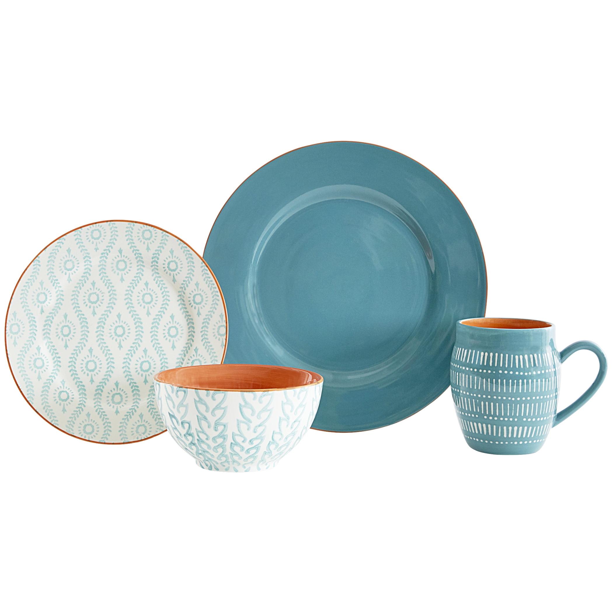 Turquoise Glazed Ceramic 16-Piece Dinnerware Set with Trim Embellishment