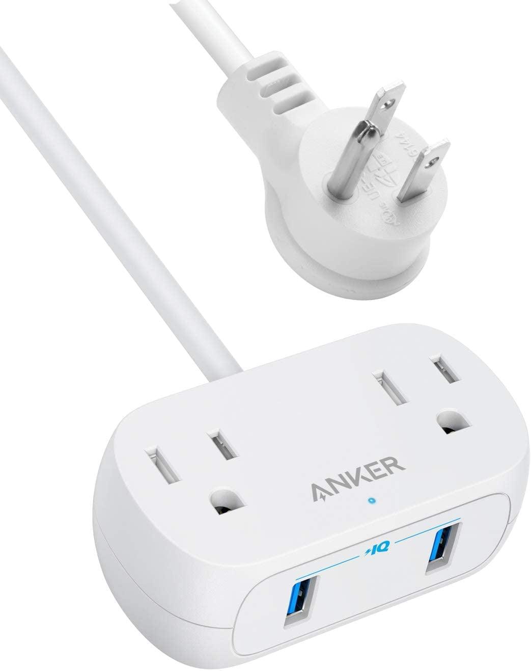 Anker Power Strip with USB PowerExtend USB 2 Mini, 2 Outlets, and 2 USB Ports, Flat Plug, 5 ft Extension Cord, White