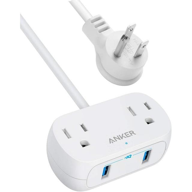 Anker Power Strip with USB PowerExtend USB 2 Mini, 2 Outlets, and 2 USB Ports, Flat Plug, 5 ft Extension Cord, White