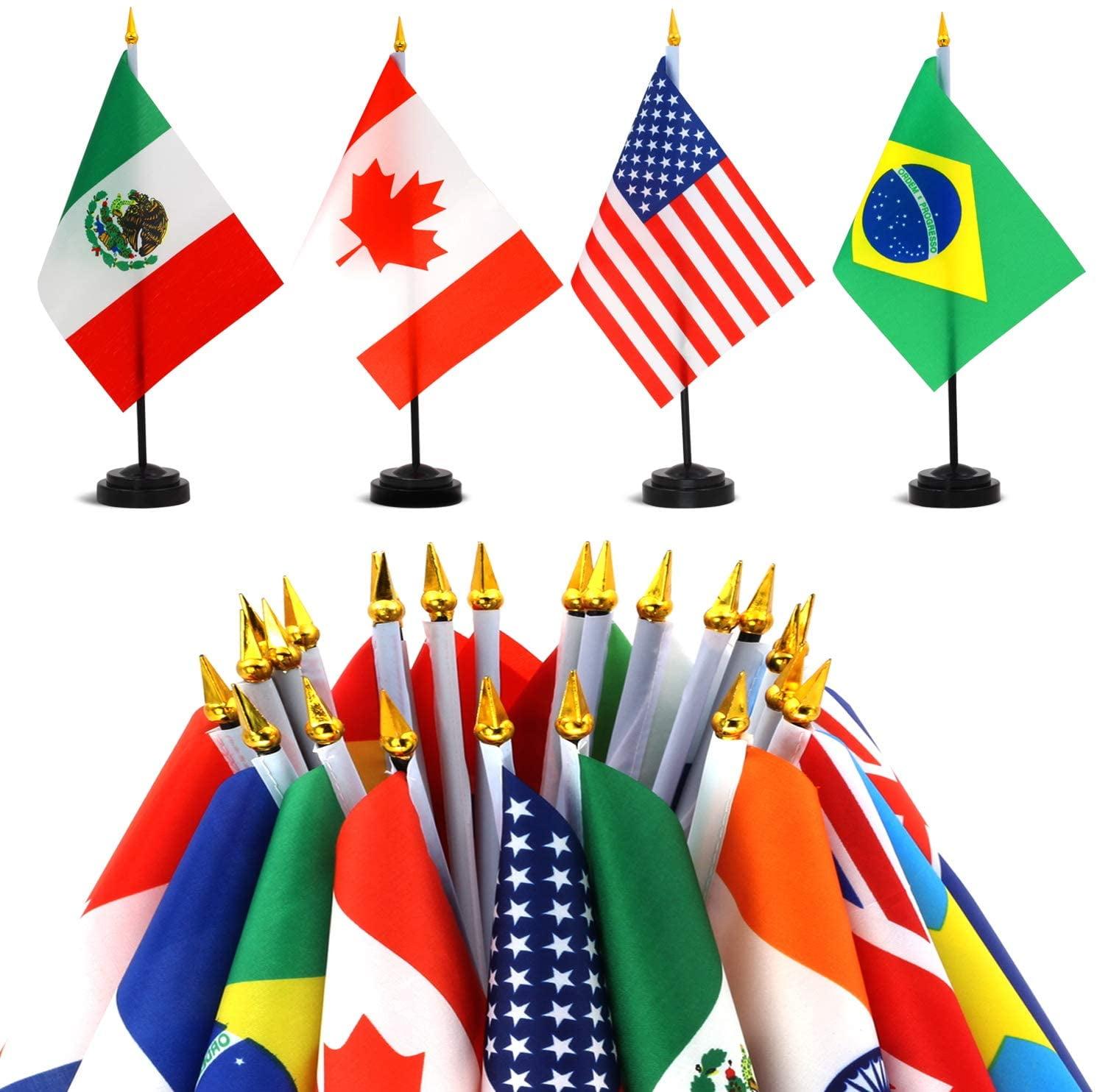 Anley 24 Countries Deluxe Desk Flags Set - 8 x 5 Inches Miniature American US Desktop Flag with 13" Black Pole