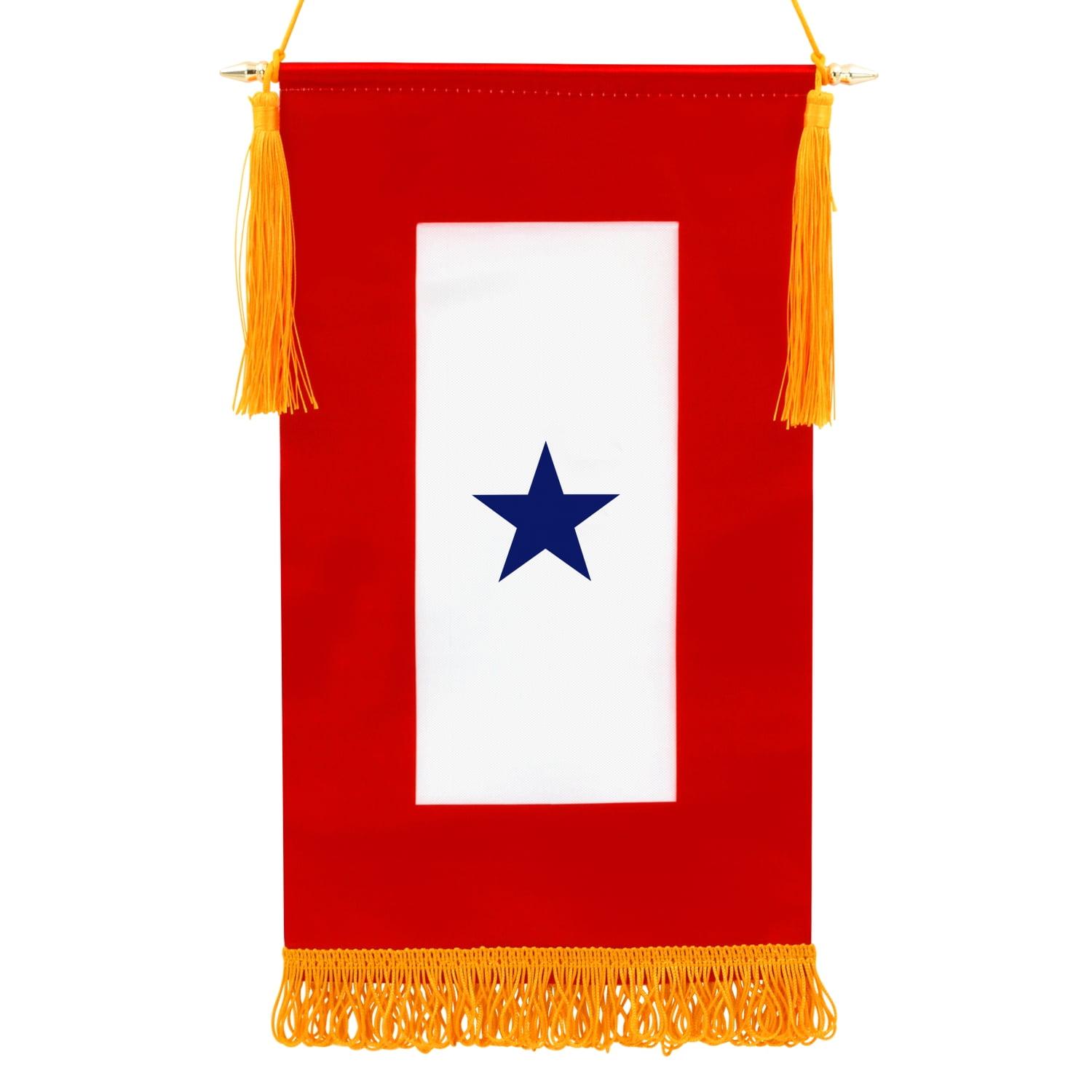 Anley  Military Service Banner - USA Family Member On Service One Blue Star - 15" X 8" Fringed Flag & Wooden Flagpole