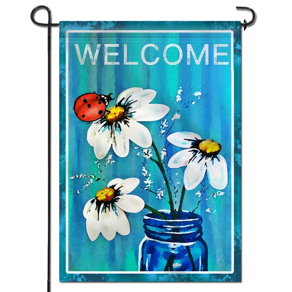 Spring Summer Daisy Jar and Ladybug Welcome Garden Flag