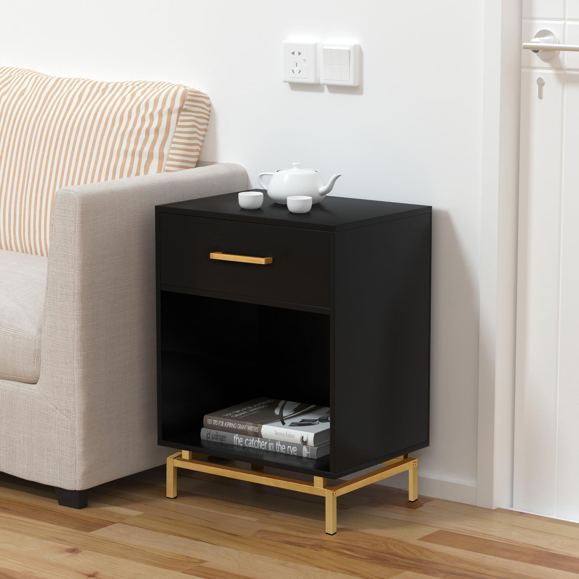 Black MDF Nightstand with Gold Metal Legs and Drawer