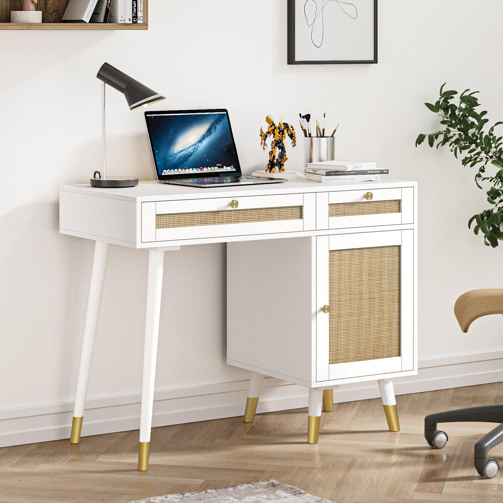 Anmytek Computer Desk with 2 Drawers Modern Rattan Home Office Desk with File Cabinet