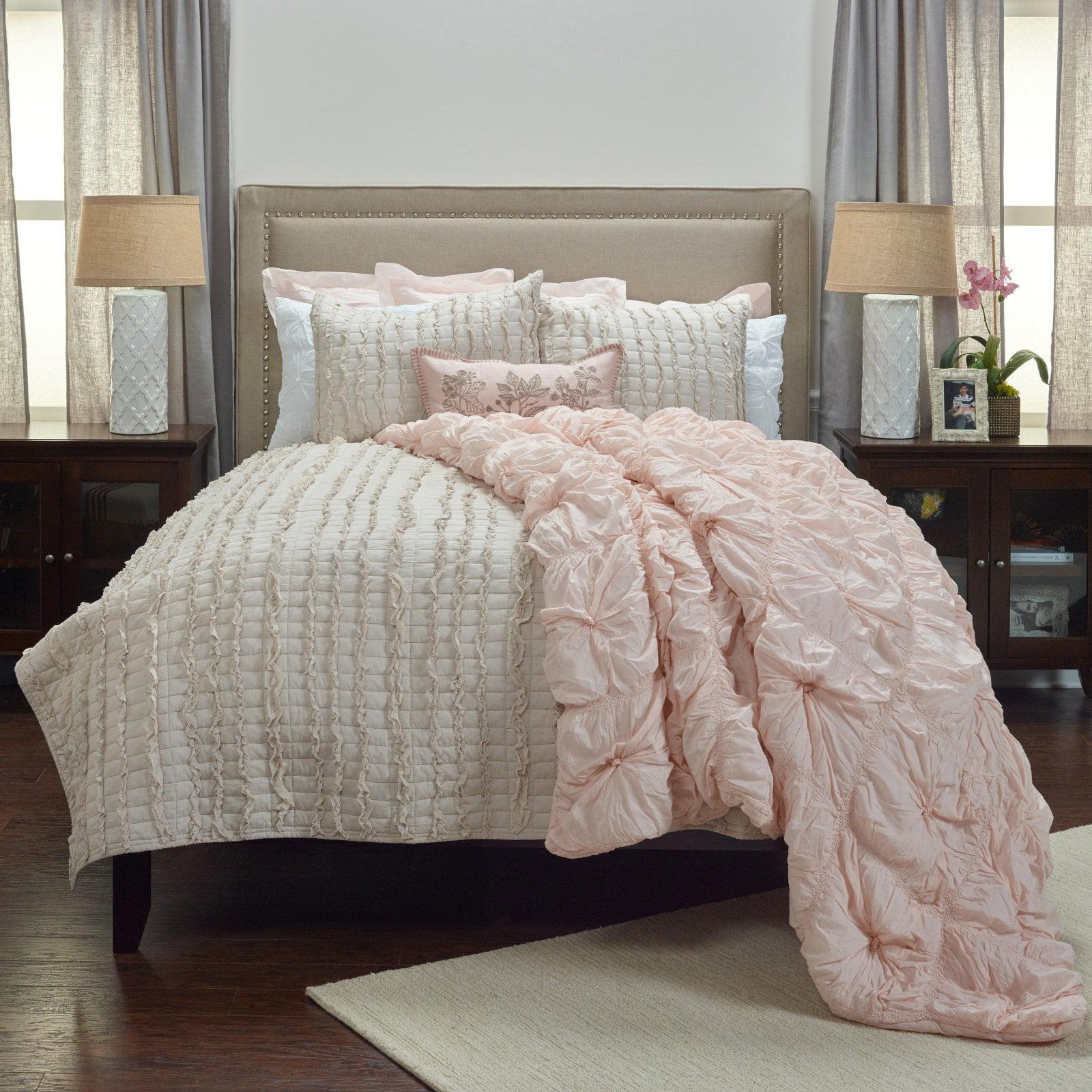 Blush Cotton King Quilt with Ruffled Voile Accents