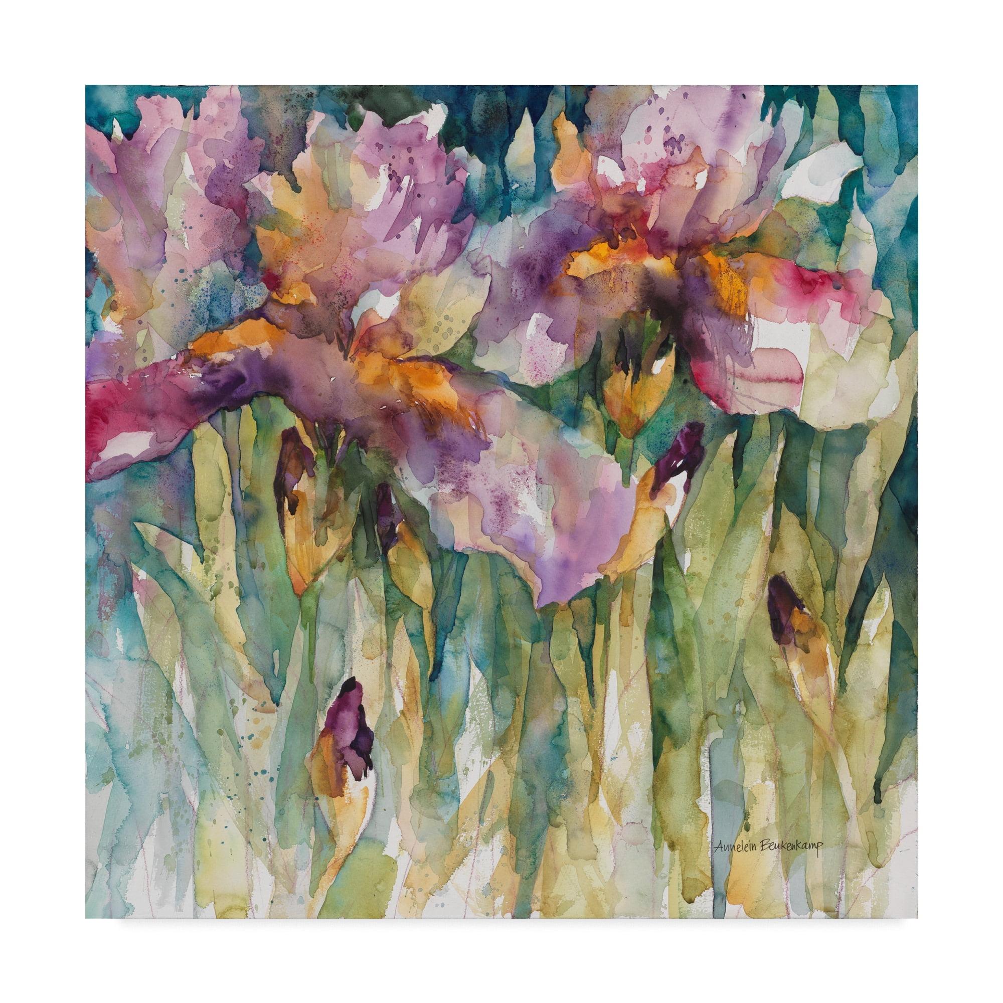 Vibrant Purple Iris Watercolor Canvas Art 14" x 14"