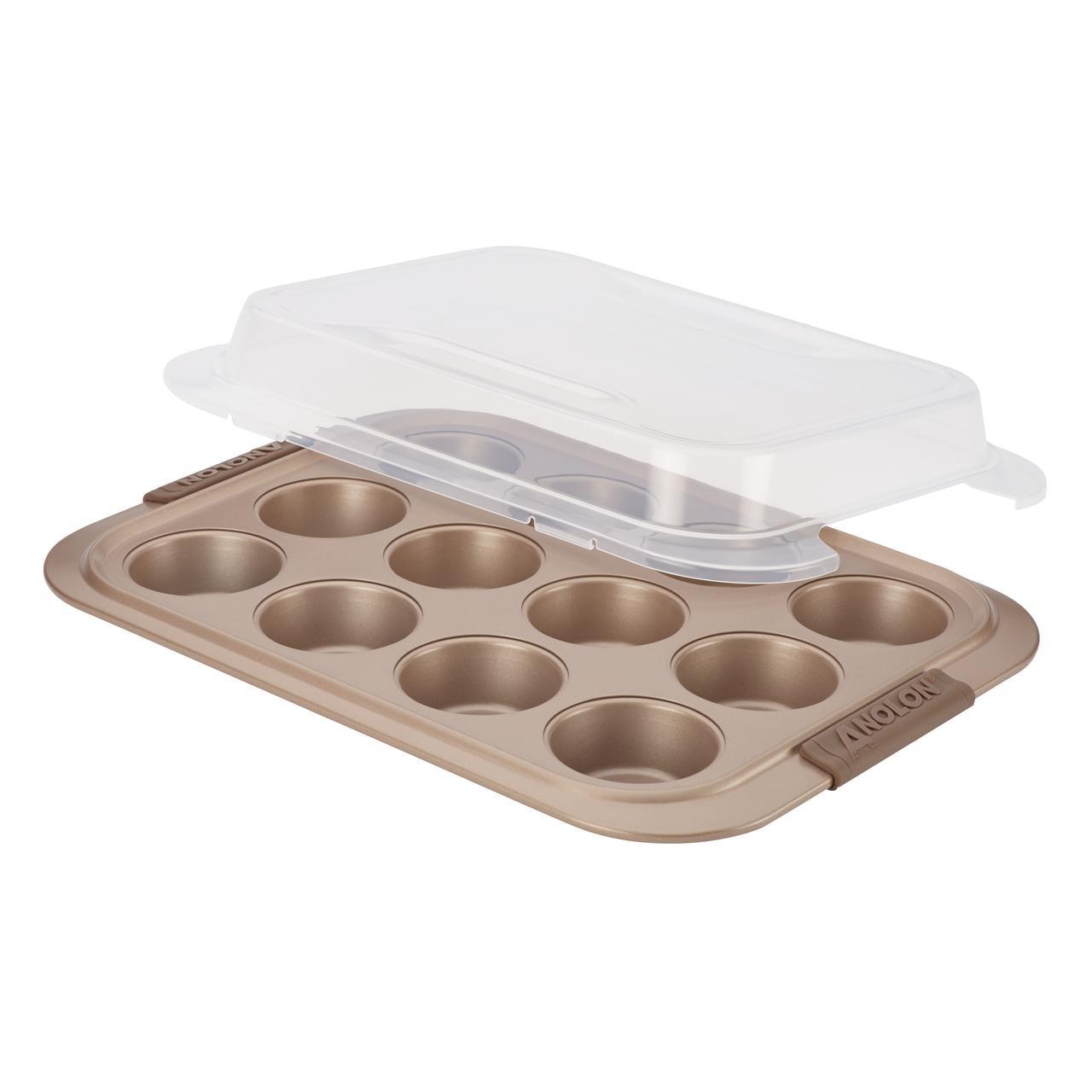 Anolon Anolon Advanced Bakeware 12-Cup Nonstick Muffin Pan with Silicone Grips and Lid, Bronze