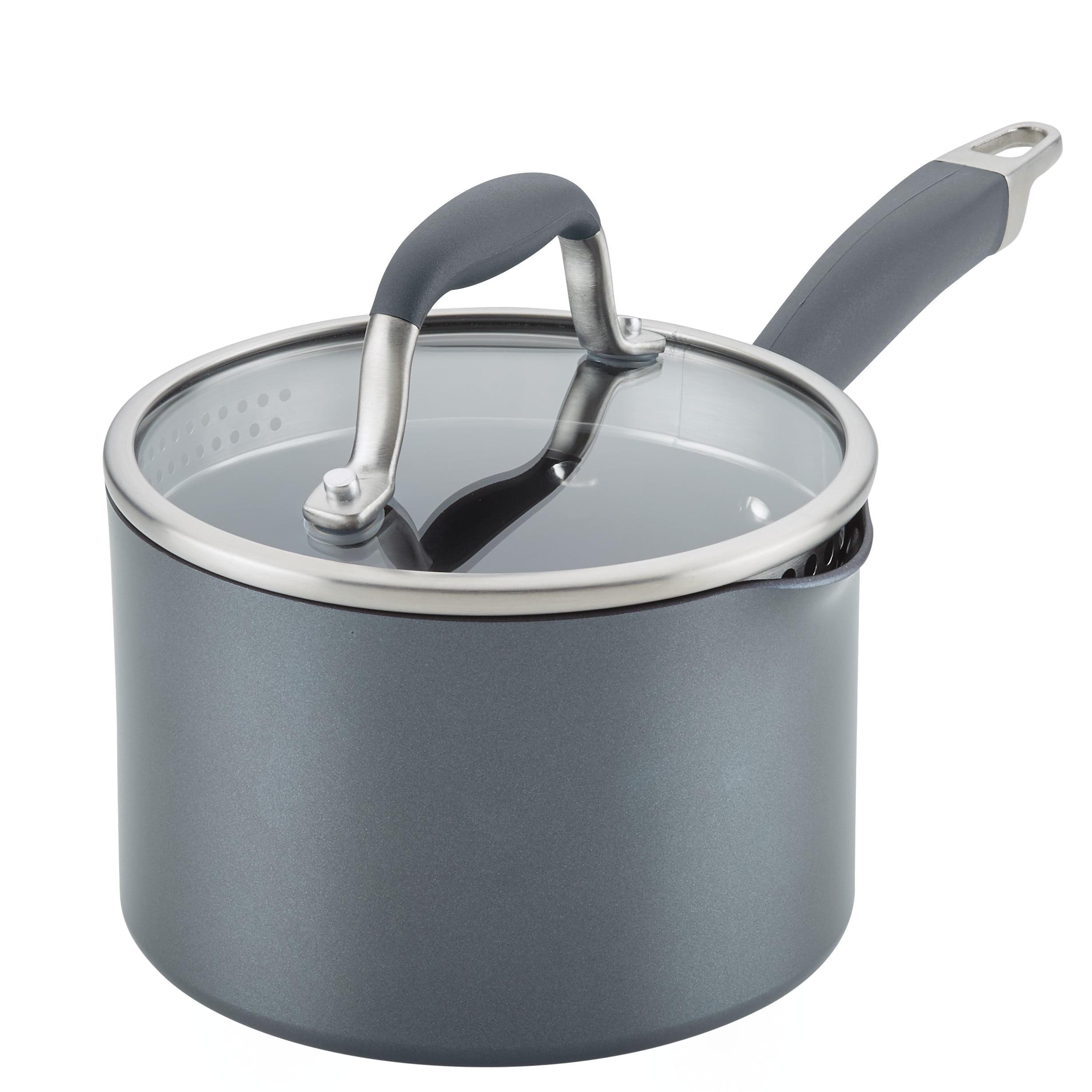 Anolon Advanced Home 2qt Covered Straining Saucepan Moonstone: Nonstick, Hard Anodized, Medium Sized, Gas & Electric Safe