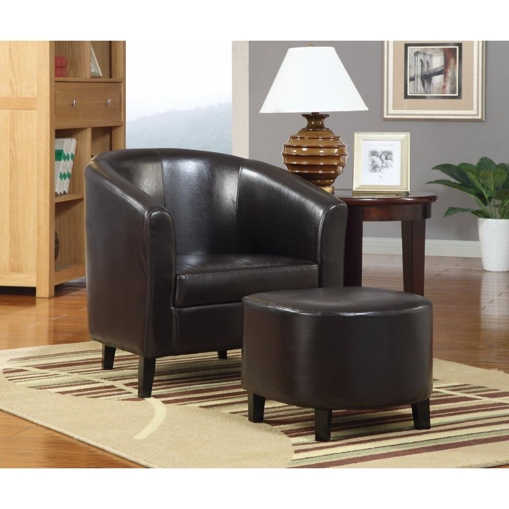 Dark Brown Faux Leather Barrel Accent Chair with Ottoman