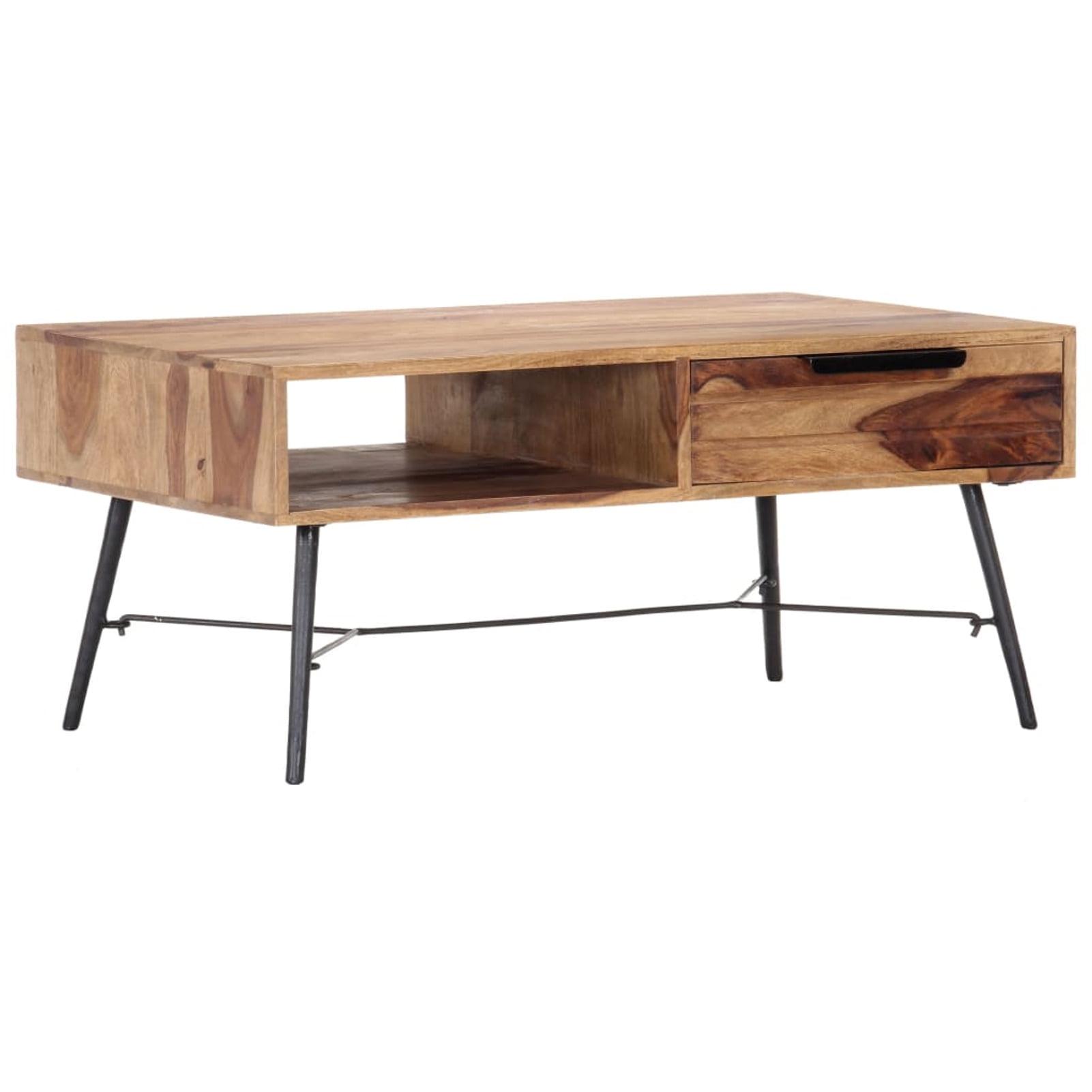 Sheesham Wood and Black Metal Coffee Table with Storage