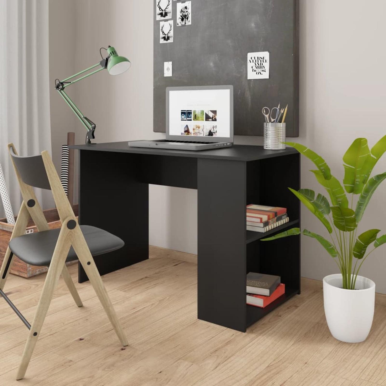 Modern Black Engineered Wood Computer Desk with Side Shelves