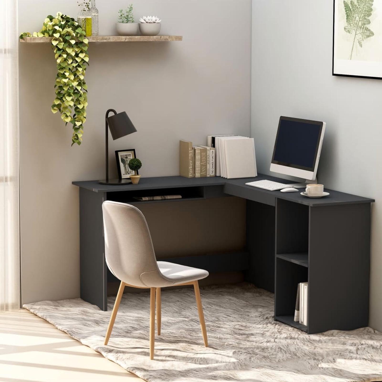 Modern Gray L-Shaped Computer Desk with Keyboard Tray and Storage