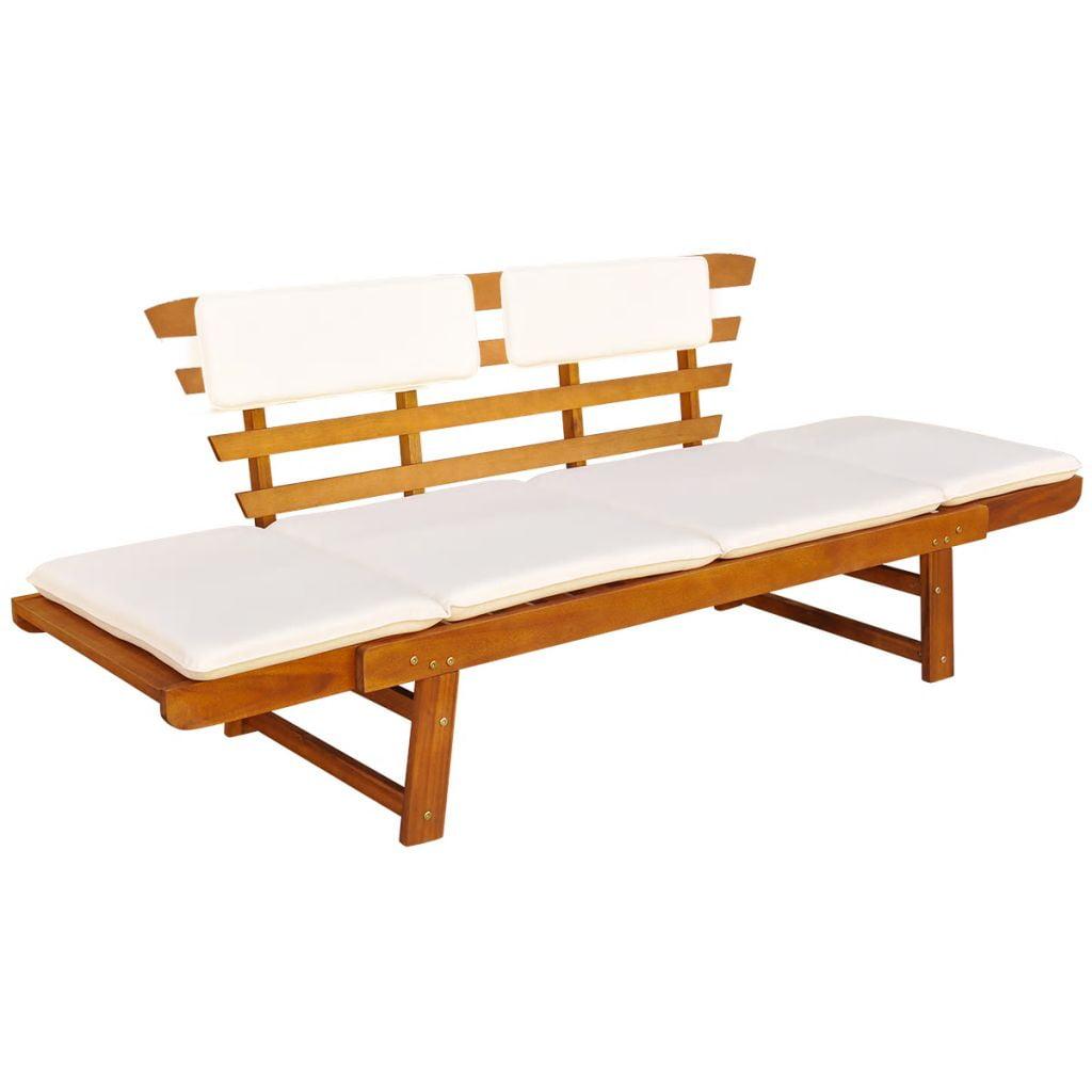Acacia Wood Convertible Patio Bench-Daybed with Brown and White Cushions