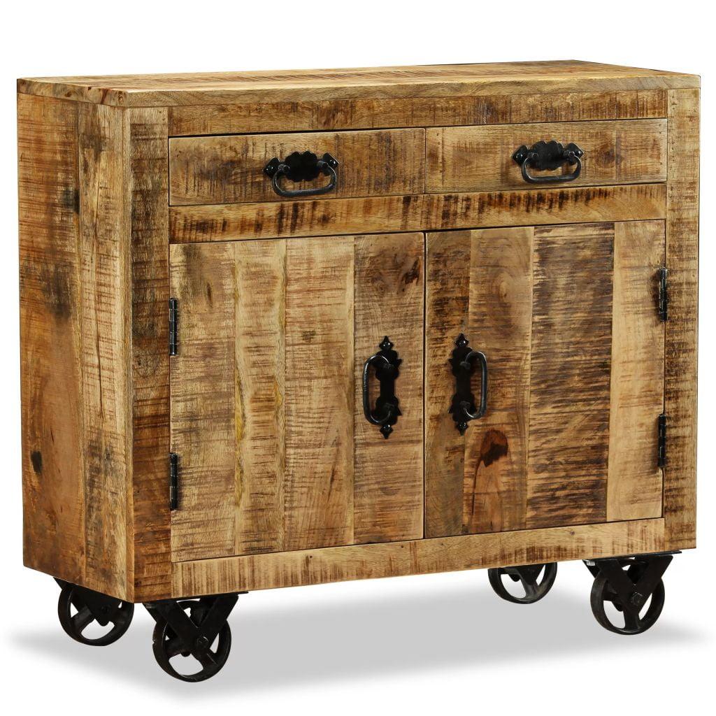 Industrial Rough Mango Wood Sideboard with Cast Iron Wheels