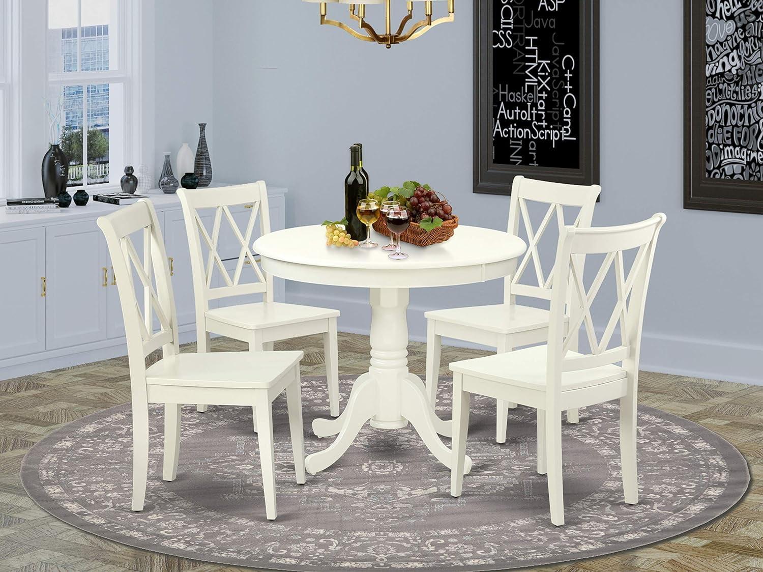 Transitional Linen White 5-Piece Pedestal Dining Set with Cross Back Chairs