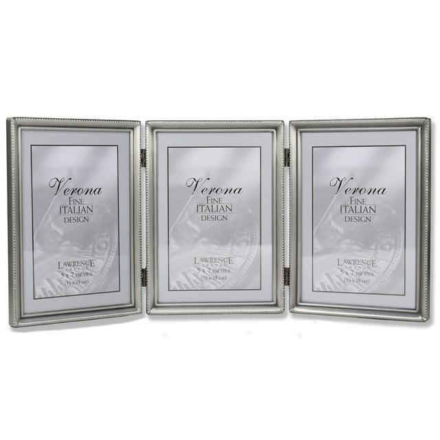 Antique Pewter 5x7 Hinged Triple Picture Frame - Bead Border Design