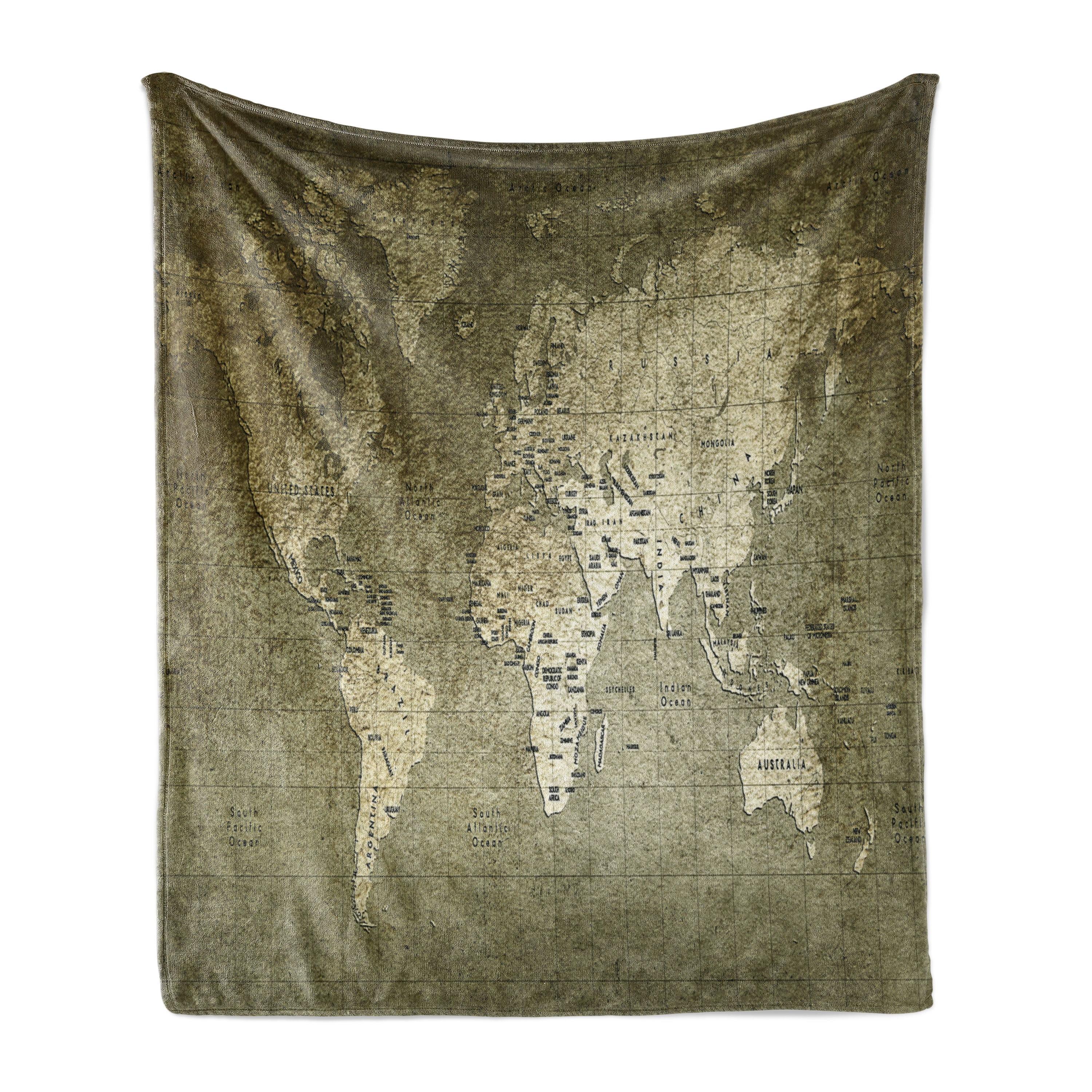 Ambesonne Map Fleece Throw Blanket Nostalgic World Map Army Green