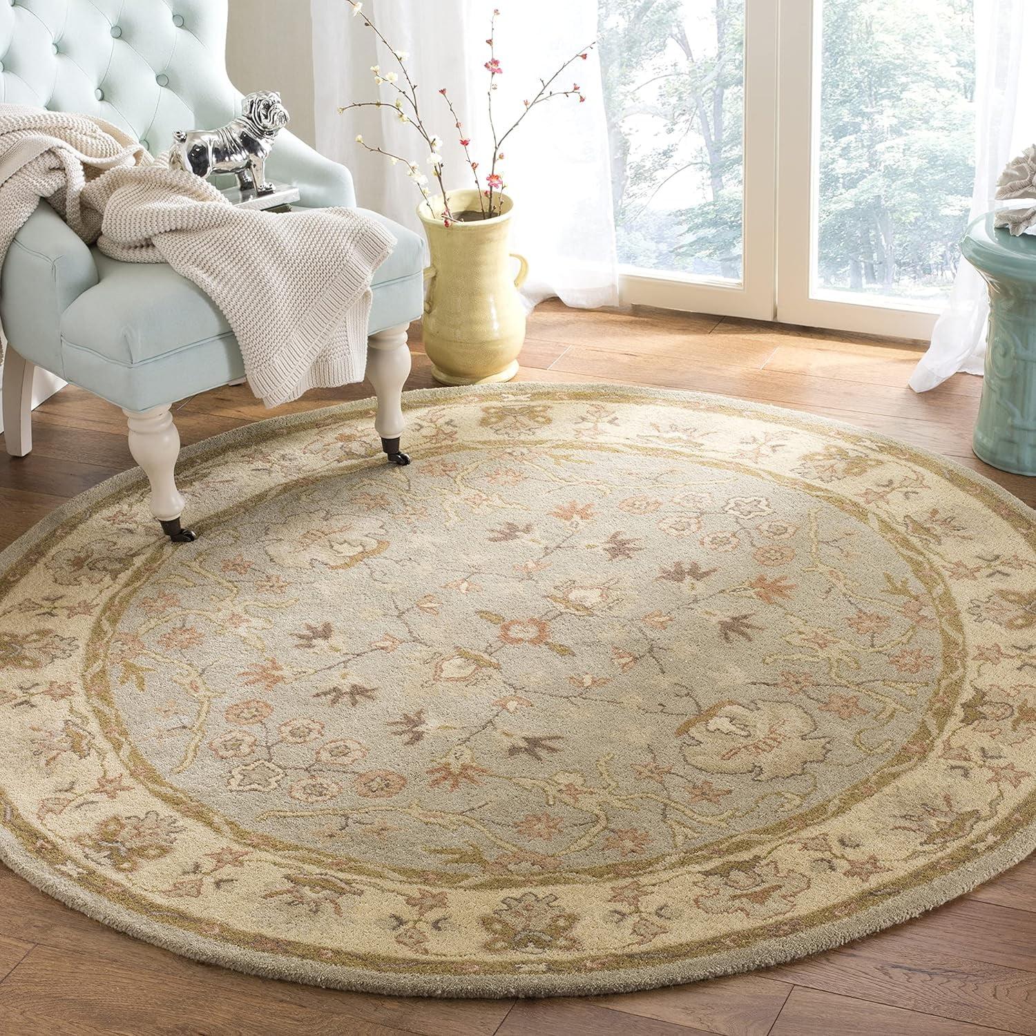 SAFAVIEH Antiquity Georgene Floral Bordered Wool Area Rug, Light Grey/Beige, 6' x 6' Round