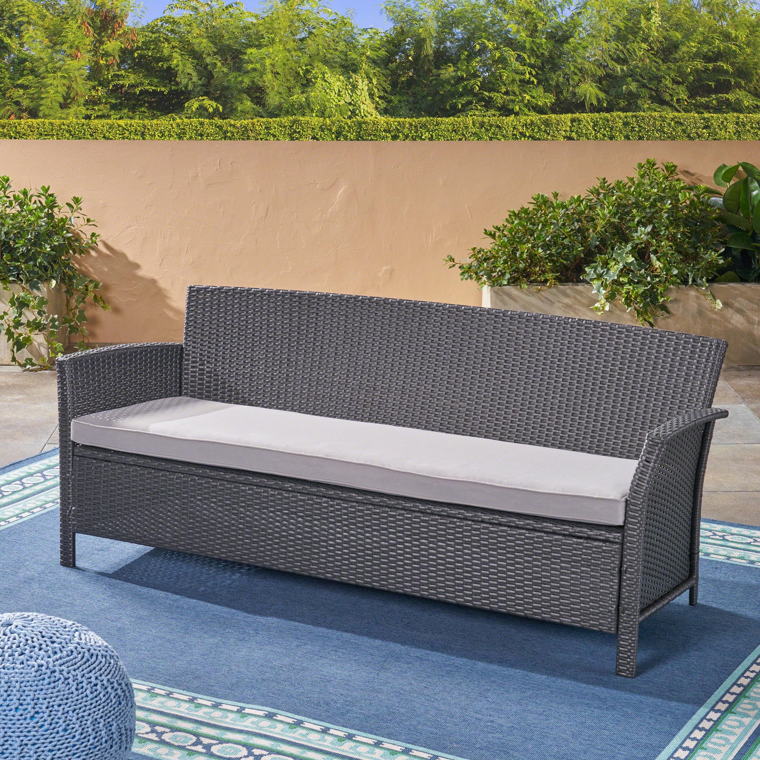 Gray Wicker and Steel Three-Seater Outdoor Sofa