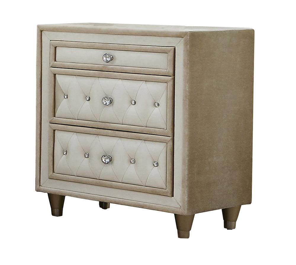 Ivory and Camel Contemporary 3-Drawer Nightstand with Crystal Accents