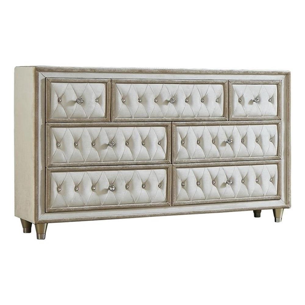 Coaster Antonella 7-Drawer Upholstered Velvet Dresser in Ivory and Camel