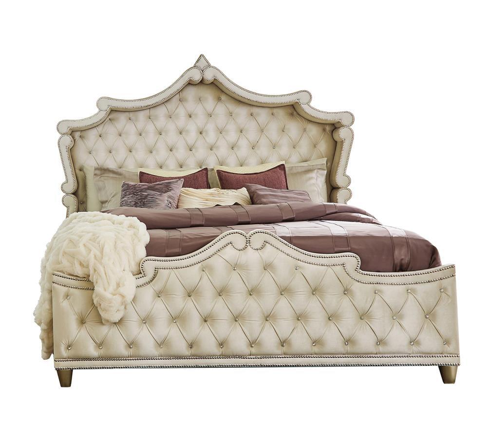 Antonella French Provincial Ivory and Camel Velvet Platform Queen Bed