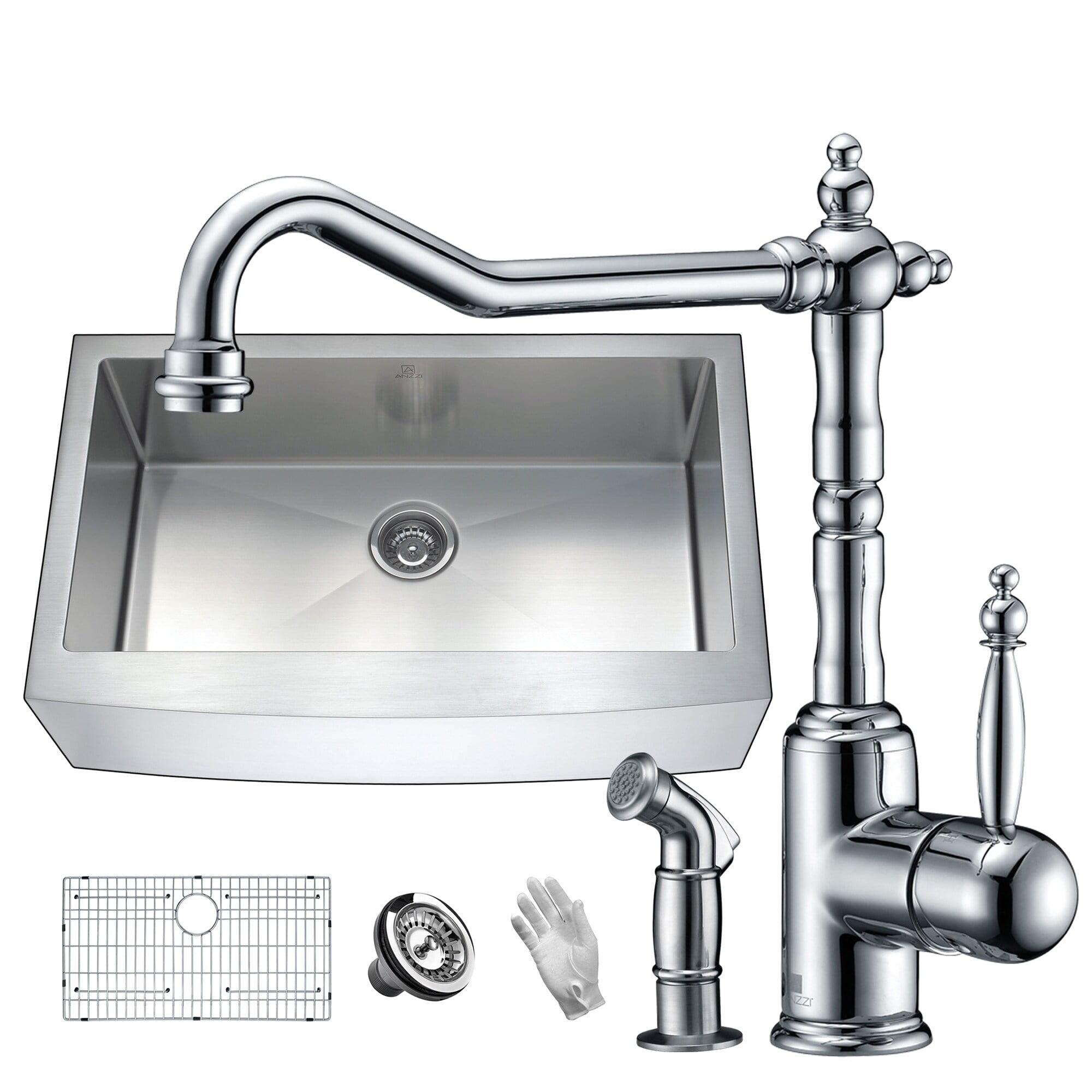 Anzzi Elysian Farmhouse Single Bowl Kitchen Sink with Faucet - Polished Chrome