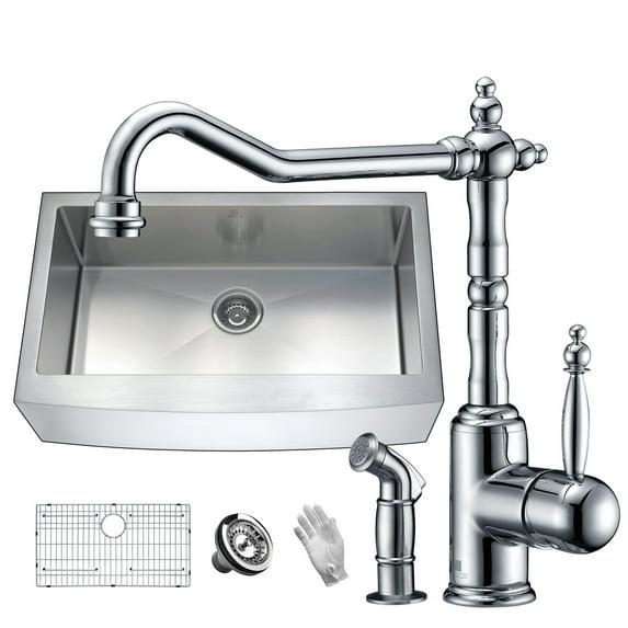 Anzzi Elysian Farmhouse Single Bowl Kitchen Sink with Faucet - Polished Chrome