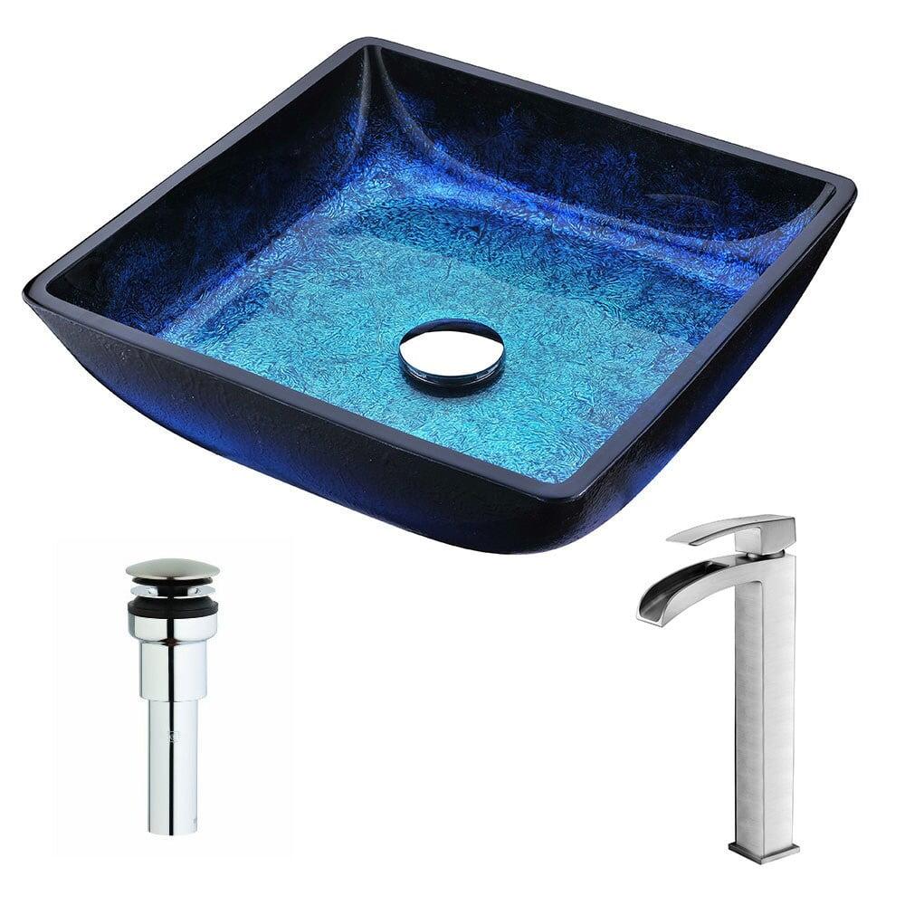 Blazing Blue Tempered Glass Square Vessel Sink with Brushed Nickel Faucet