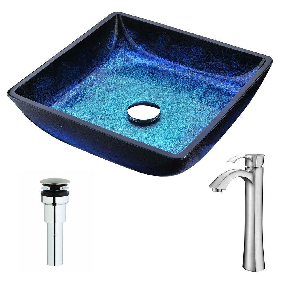 ANZZI Viace 15.125'' Tempered Glass Square Bathroom Sink with Faucet