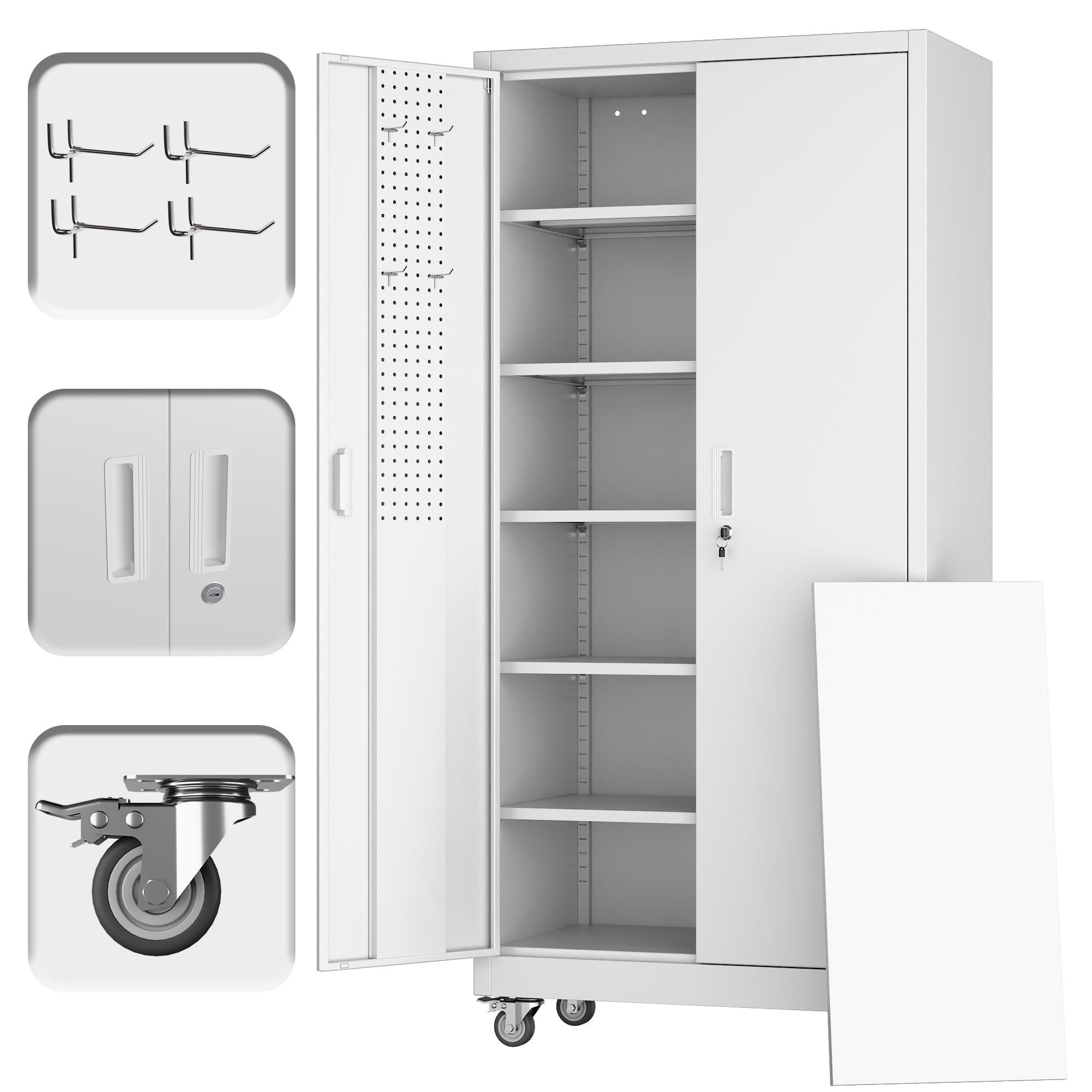 AOBABO 72 Inch Locking Metal Garage Home Office Storage Cabinet with Universal Rubber Wheels/Lockable Casters and Magnetic Doors, White