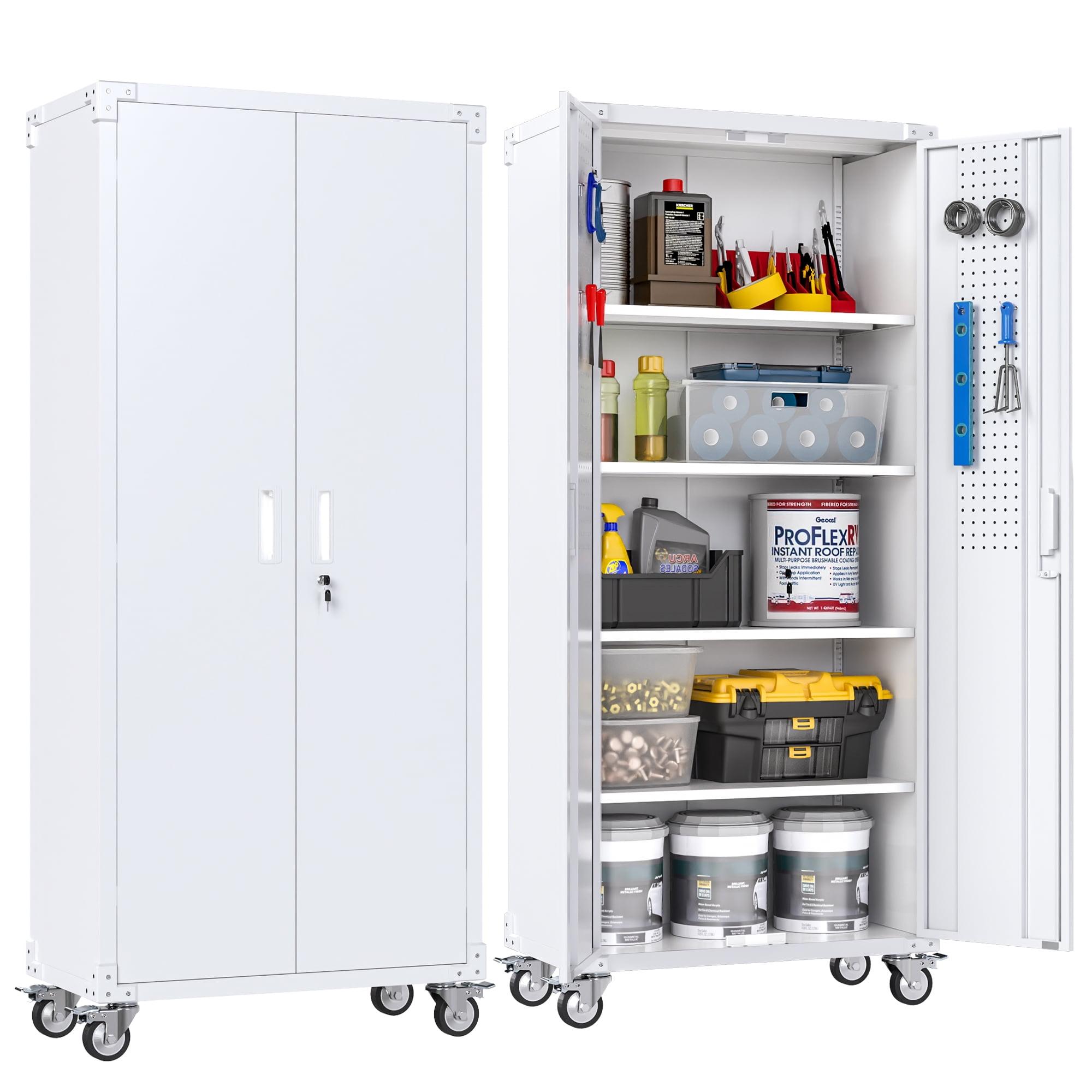 Aobabo Metal Storage Cabinet with Wheels & Pegboards,Office Storage Cabinet with Lock & Shelves,72'' H Steel Garage Cabinet for Office Home Storage,White Required-Assembly